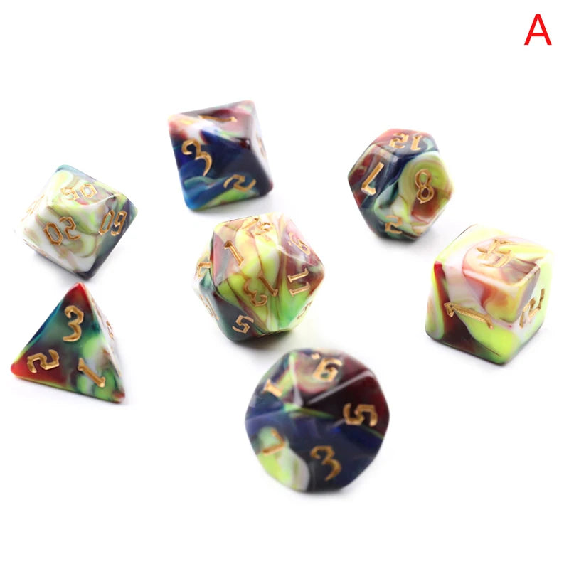 7-Dice D4 D6 D8 D10 D% D12 D20 
Green Purple Blue mix