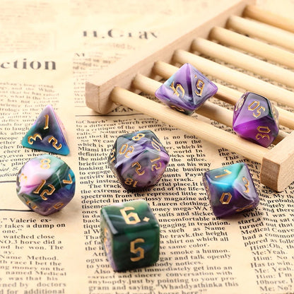 7-Dice D4 D6 D8 D10 D% D12 D20 
Green Purple Blue mix